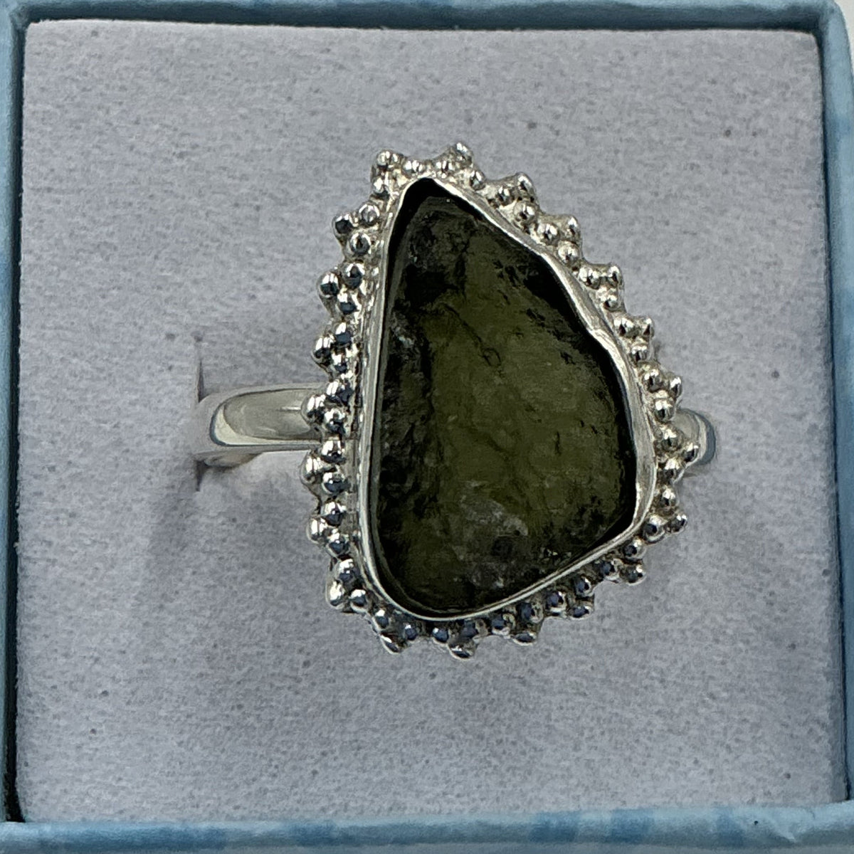 Sterling Silver Sunburst Natural Moldavite Ring - Size 10 - Transformation & Awakening