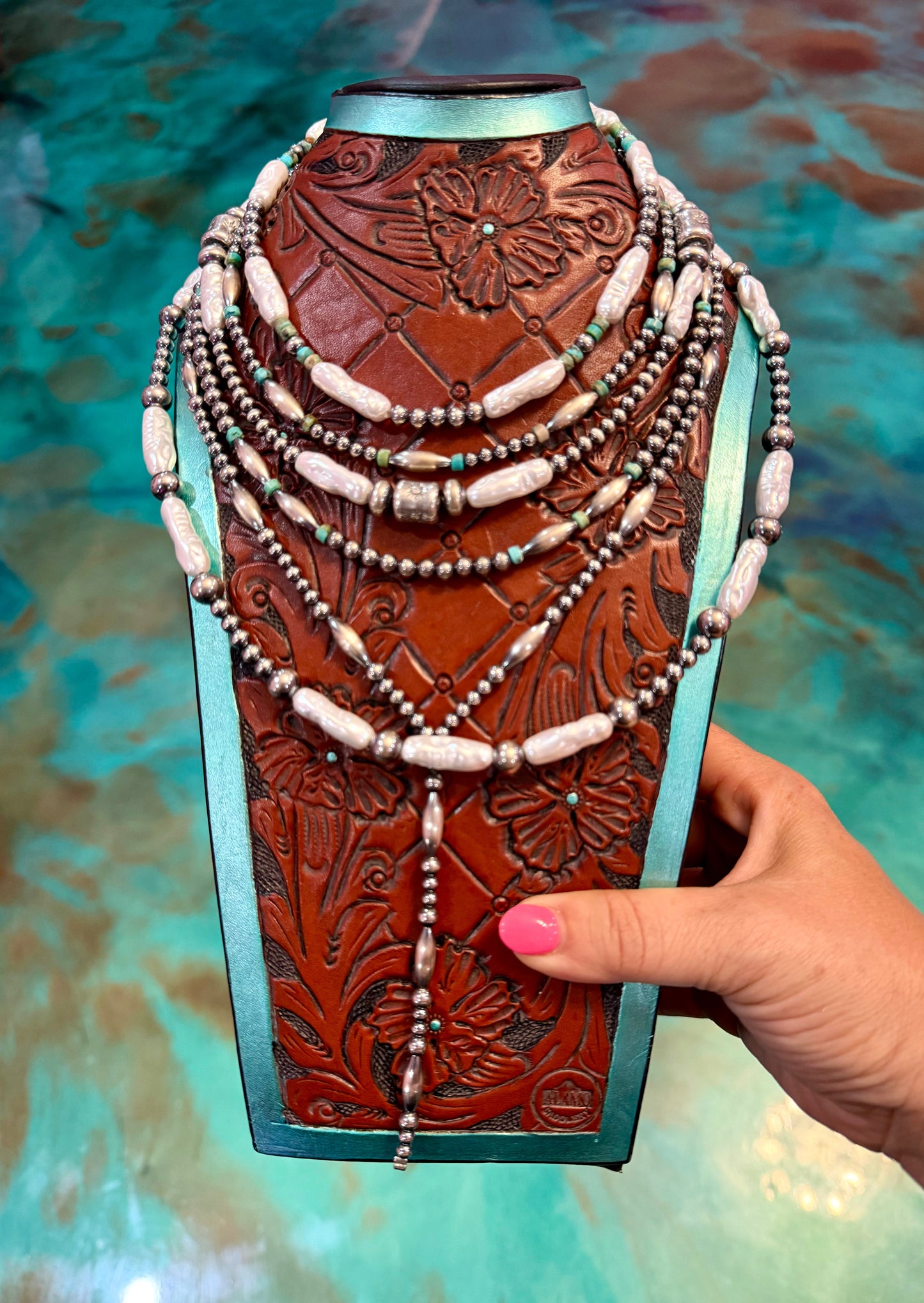 Jaci Stack – Blue Turquoise, Freshwater Pearl & Sterling Silver Necklaces
