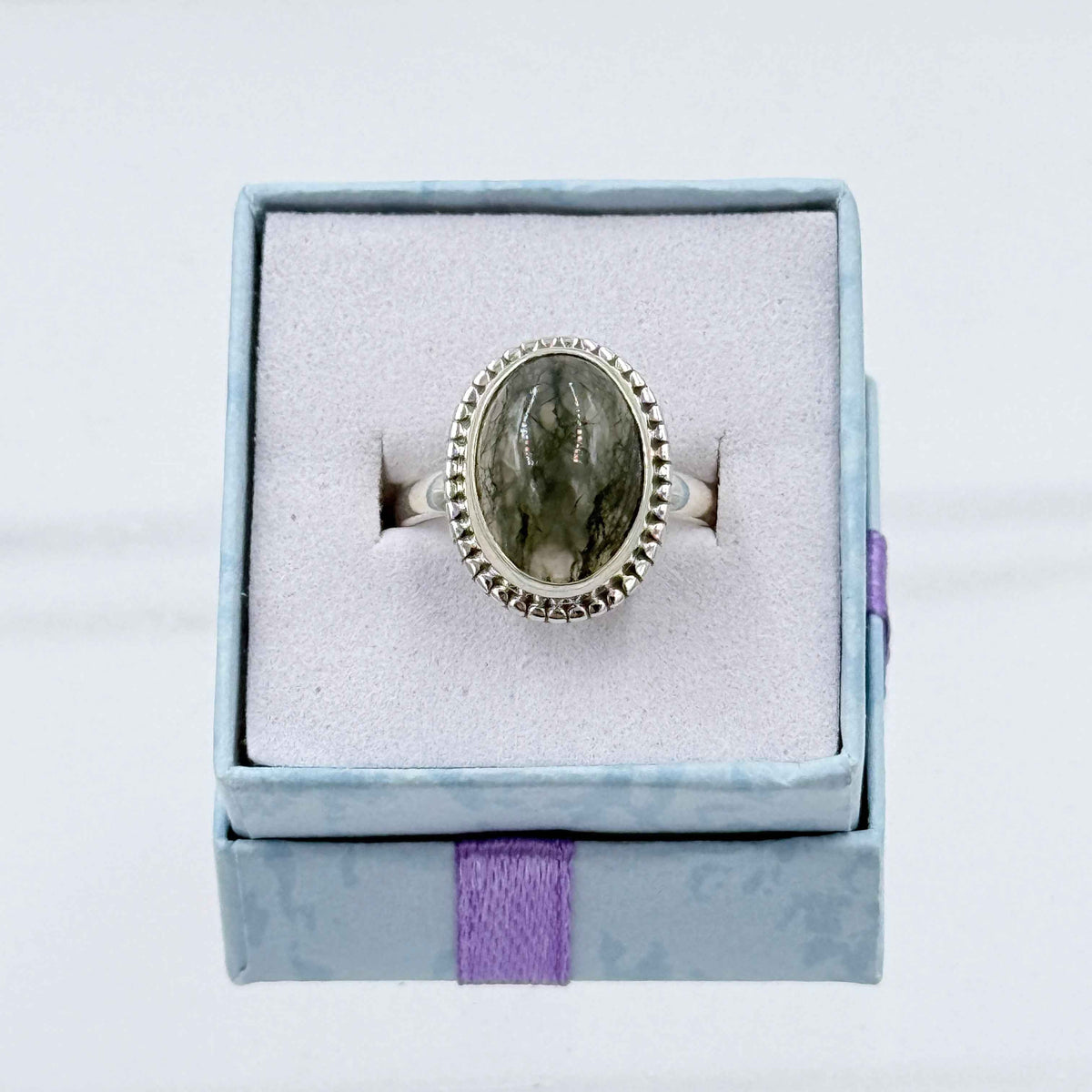 Sterling Silver Bezeled Oval Moss Agate Ring - Size 8 - Grounding, Nurturing & Growth