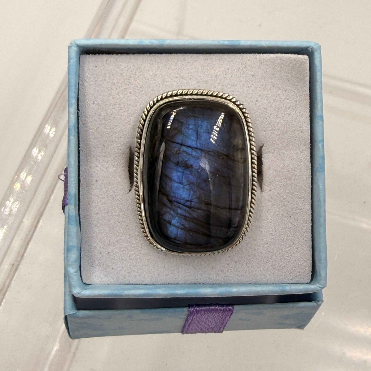 Sterling Silver Bezeled Rectanglular Spectrolite Ring - Size 10 -Intuition, Protection & Illumination