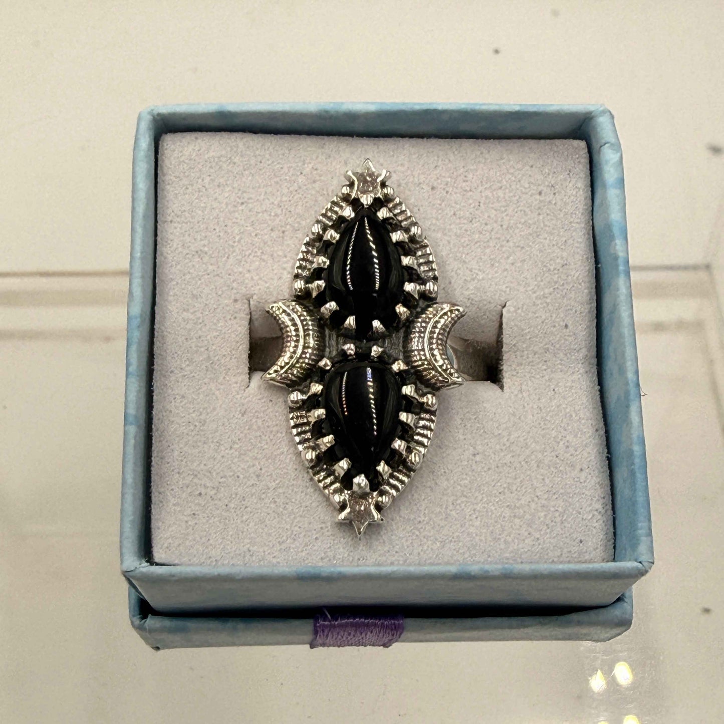 Sterling Silver Double Teardrop Celestial Black Onyx Ring - Size 9 - Protective, Grounding & Stabilizing