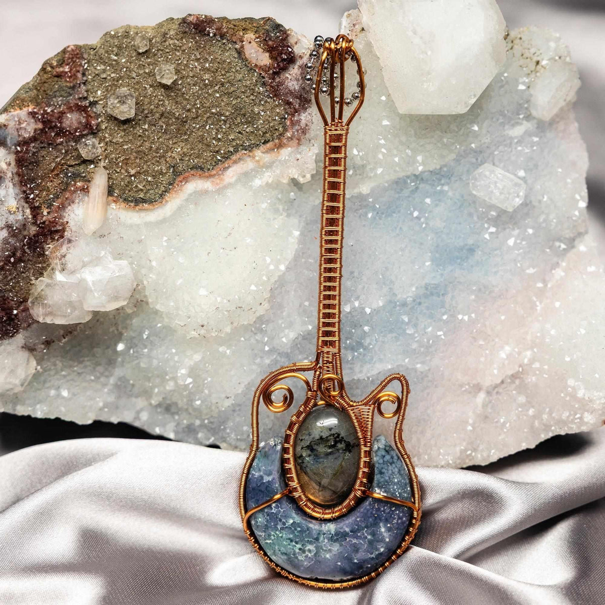Moss Agate Labradorite Crystal Bass Guitar Wire Wrap Pendant