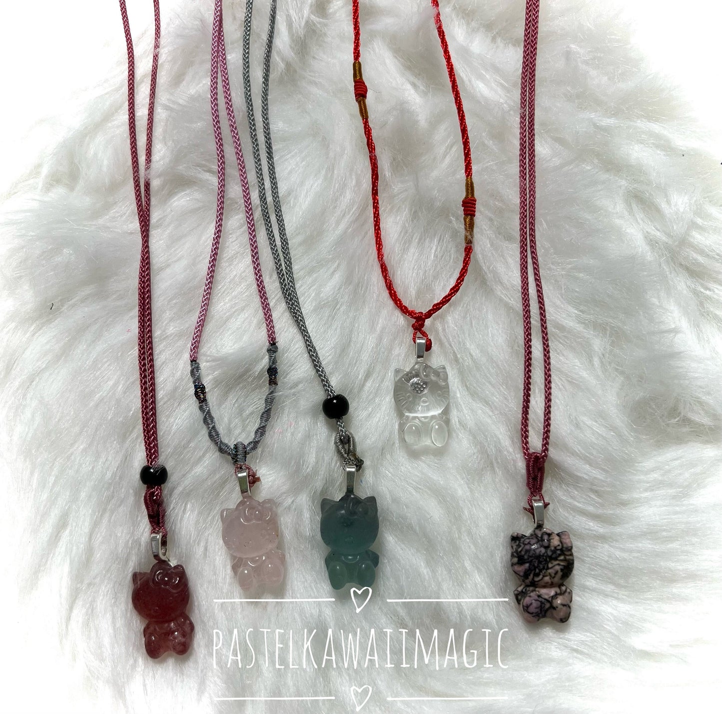 Gemstone Kitty Pendant | Nostalgic Kawaii Crystal HK with Cord Necklace