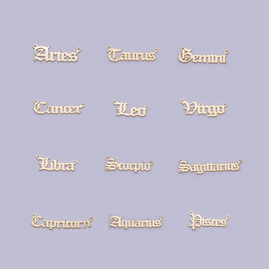 14k Gold Filled Old English Font Zodiac Charms Connector for Necklace Bracelet Link Connector Astrology Necklace Charm Personalized Jewelry Wholesale A-A1725-A-A1730