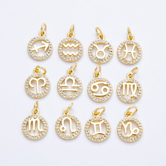 16K Gold Filled 13.5mm Micro Paved CZ Personalized Zodiac Sign Charm | Charms-00223 ~ Charms-00234