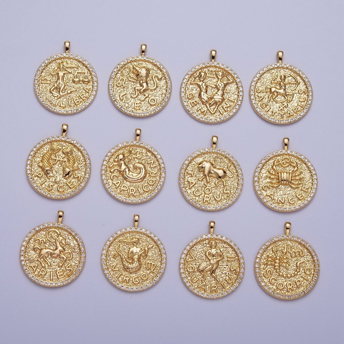 16K Gold Filled Zodiac Sign Astrology Personalized Birthday Micro Paved CZ Charms Pendants Medallion A-A1695-A-A1700
