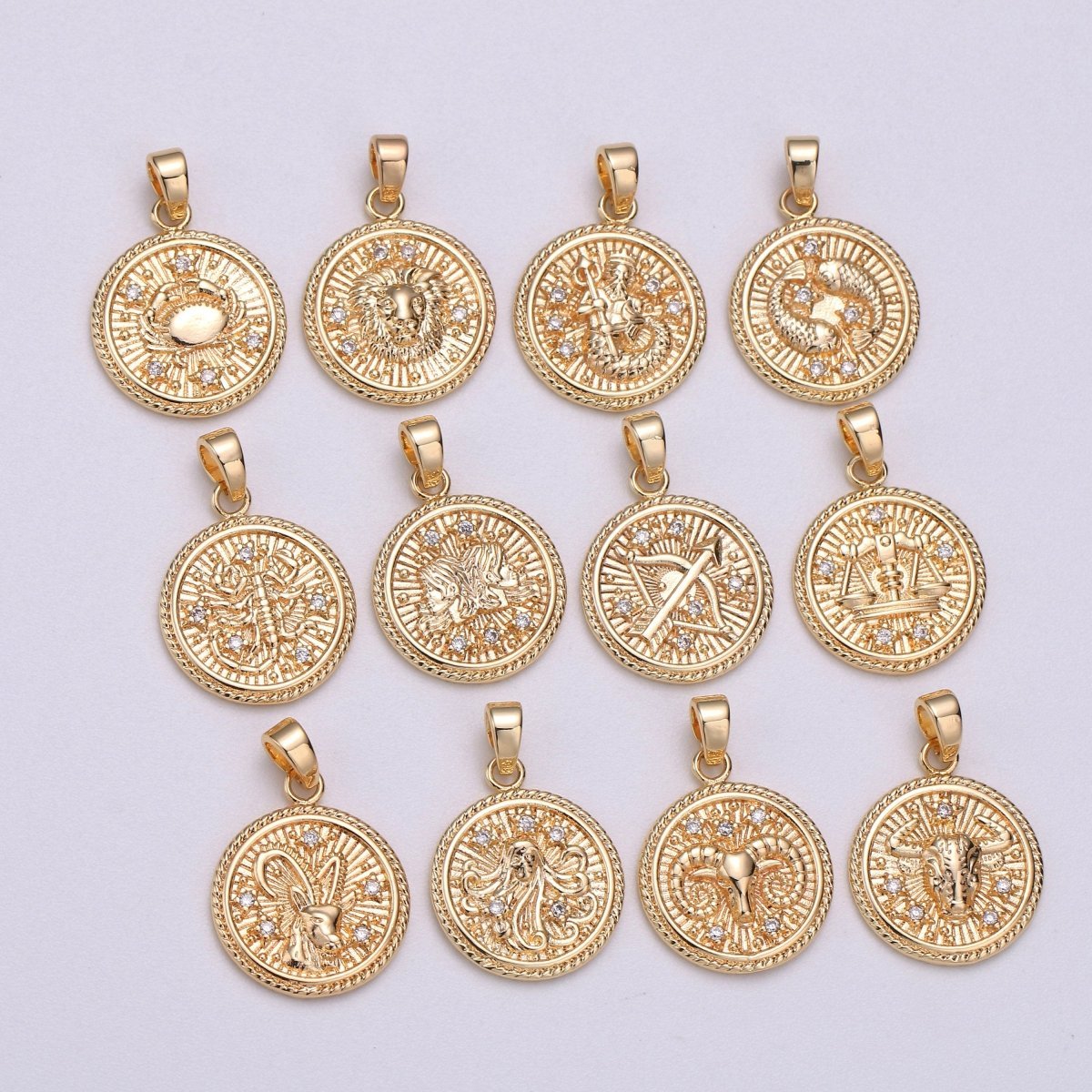 18K Gold Filled Zodiac Horoscope Sign Constellation Medallion Pendant Charm Textured Coin Decorative Edge for Necklace Jewelry Making | A-A1761-A-A1766