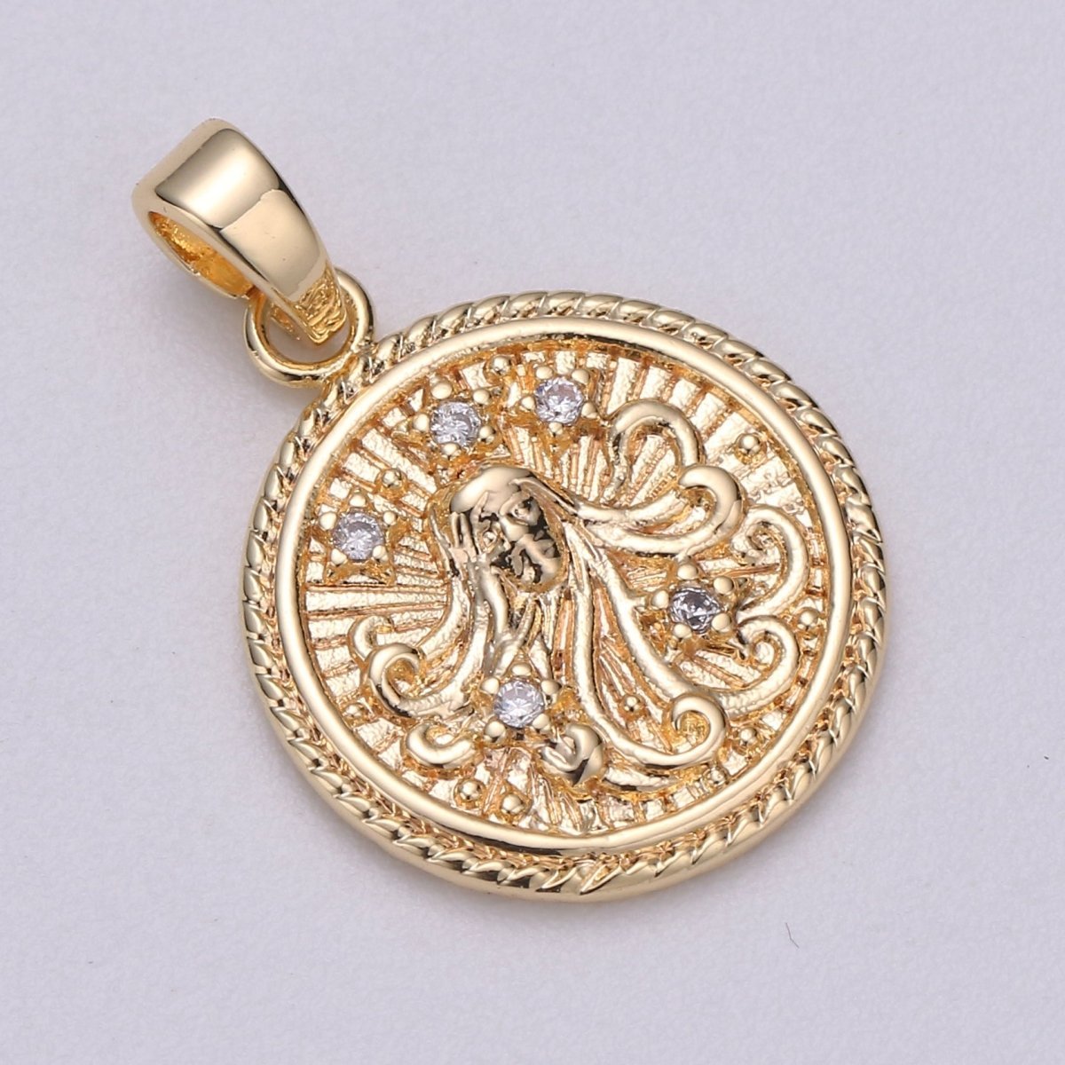 18K Gold Filled Zodiac Horoscope Sign Constellation Medallion Pendant Charm Textured Coin Decorative Edge for Necklace Jewelry Making | A-A1761-A-A1766