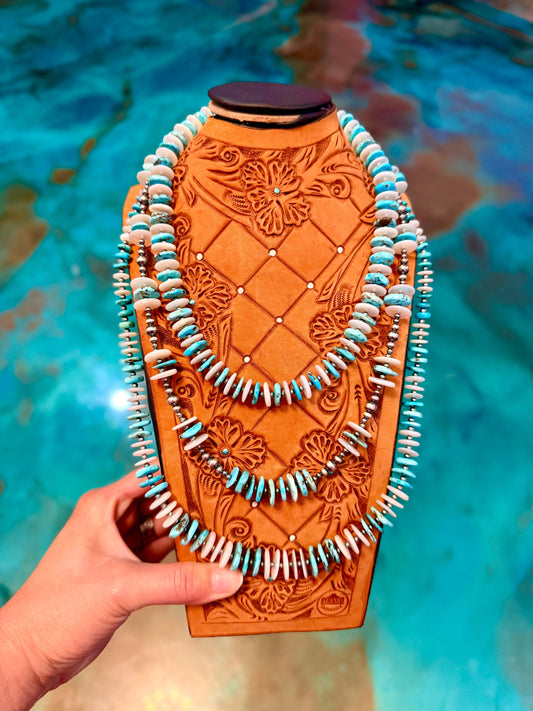 One Time Pieces – Blue Turquoise, White Shell & Sterling Silver Necklaces