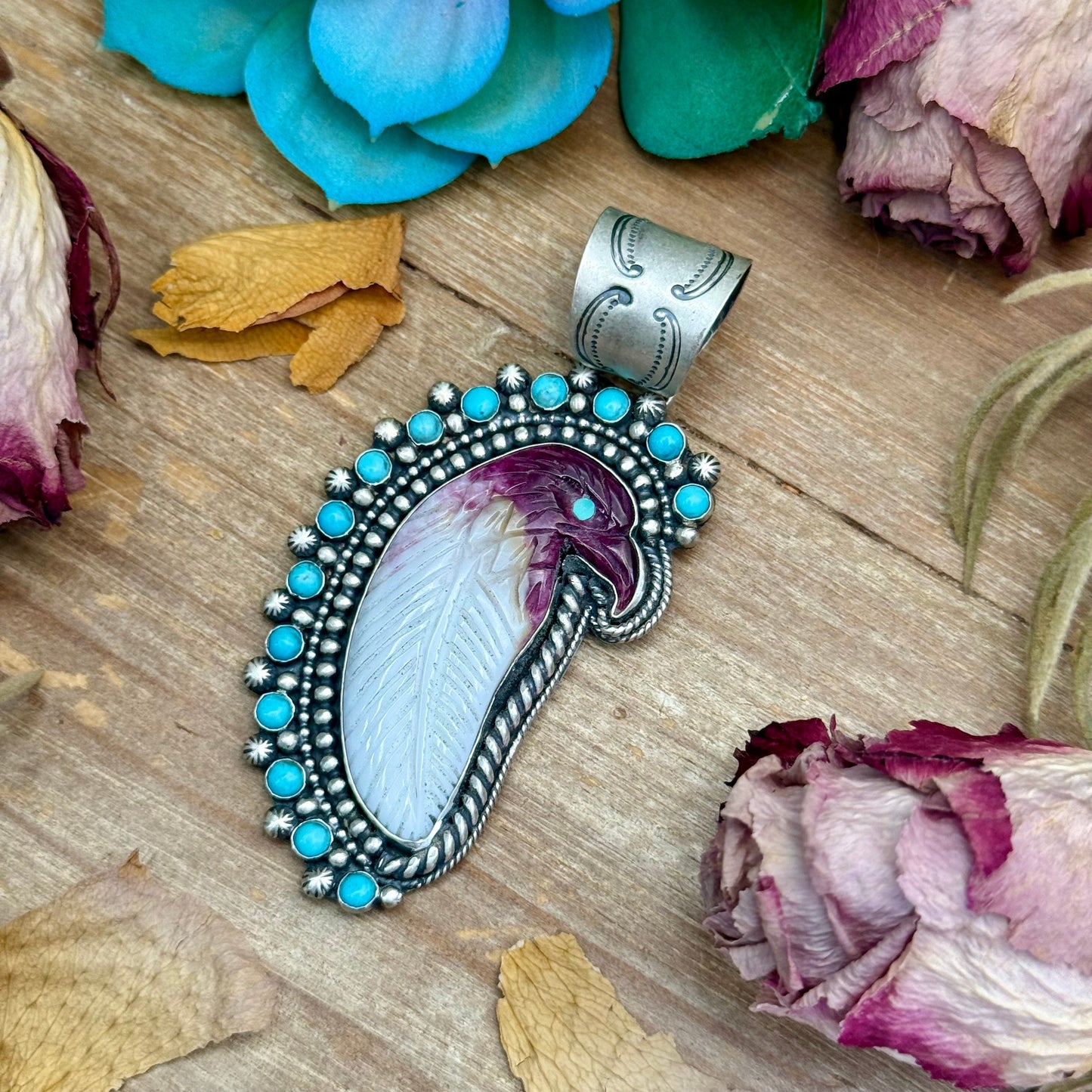 81 - Sterling Silver Kingman Turquoise & Purple Spiny Oyster Eagle Pendant by Shay Pfeiffer