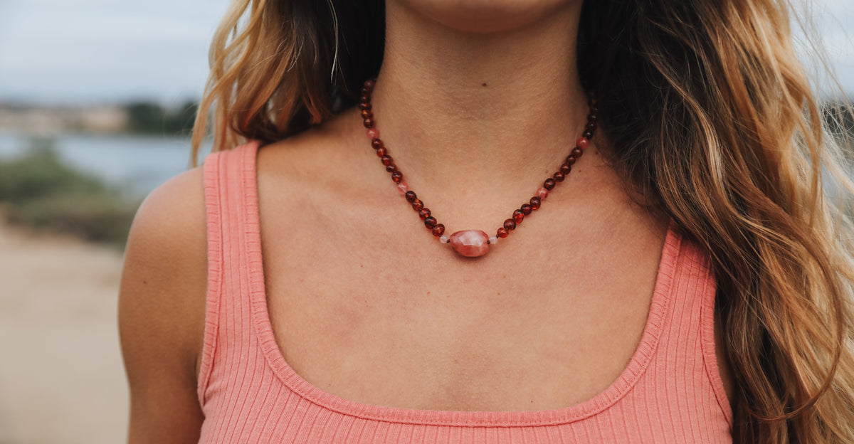 Cognac Baltic Sea Amber || Cherry + Rose Quartz || Necklace