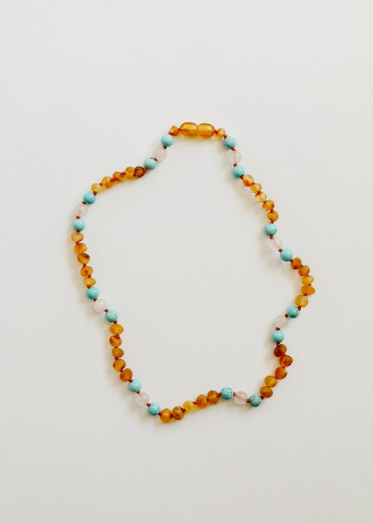 Raw Honey Baltic Amber and Natural Turquoise + Rose Quartz || Necklace