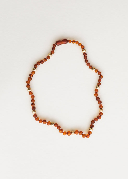 Raw Cognac Baltic Sea Amber + 14K Gold Filled Halo || Beaded Necklace