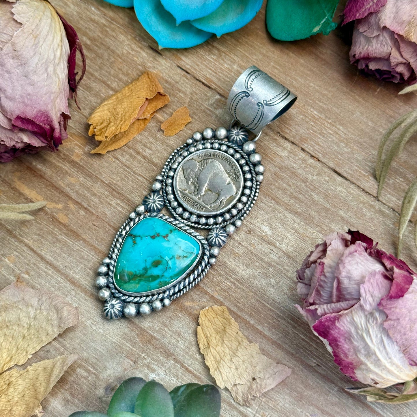 70 - Sterling Silver Pilot Mountain Turquoise & Buffalo Nickel Pendant by Shay Pfeiffer