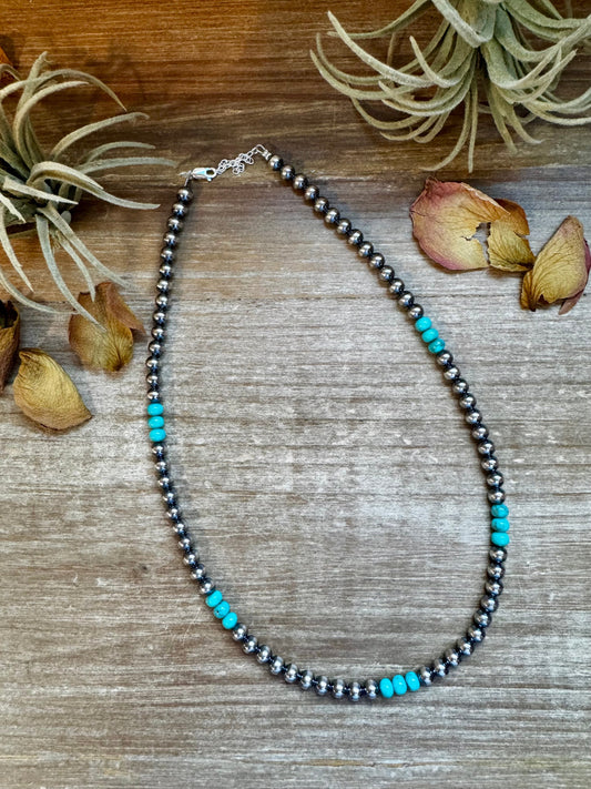Sterling Silver Pearl & Blue Turquoise Necklace – 19"