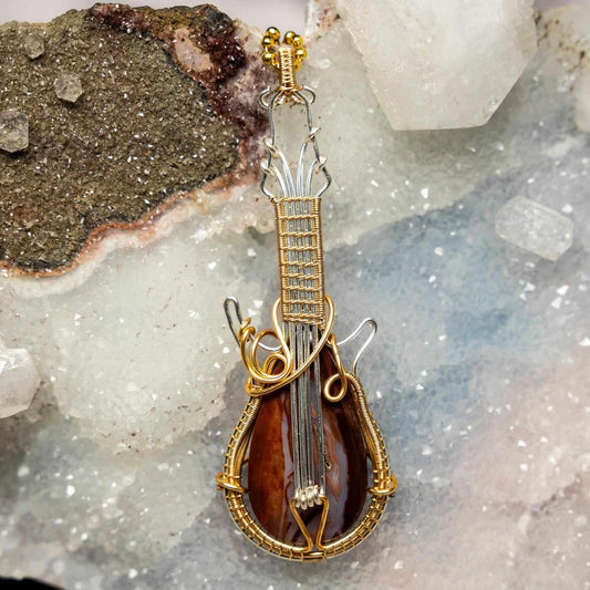 Agate Crystal Wire Wrapped Guitar Pendant in Copper 3.5"