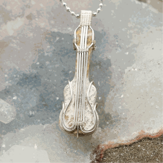 Agatized Coral Crystal Violin Wire Wrap Pendant Copper