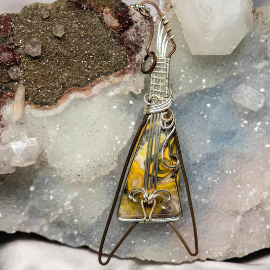 Bumblebee Jasper Crystal Wire Wrap Pendant Copper Rock & Roll Guitar