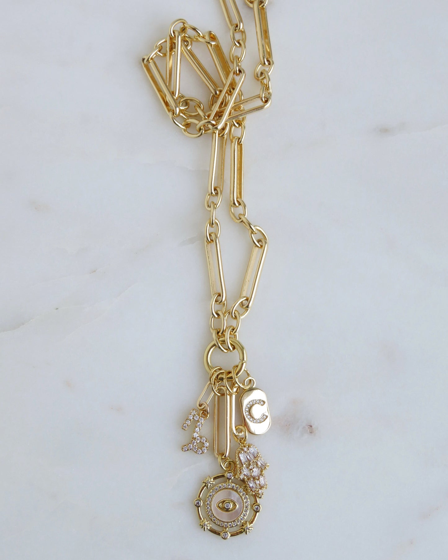 Personalized Zodiac Evil Eye Hamsa Celestial Charm Cluster Necklace - Figaro