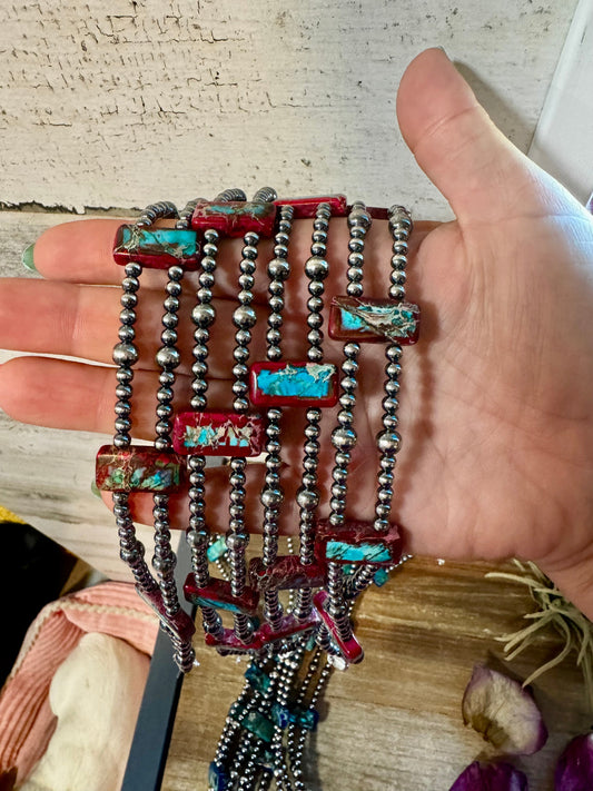 Pink/blue Double Strand Necklace – 13” Beaded – Sterling Silver Pearls & Rectangle Variscite