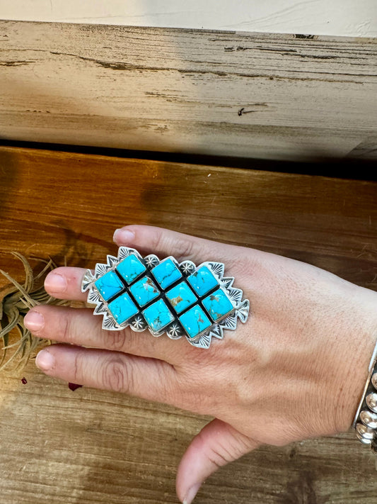 Big Ring - adjustable - kingman turquoise ring and sterling silver