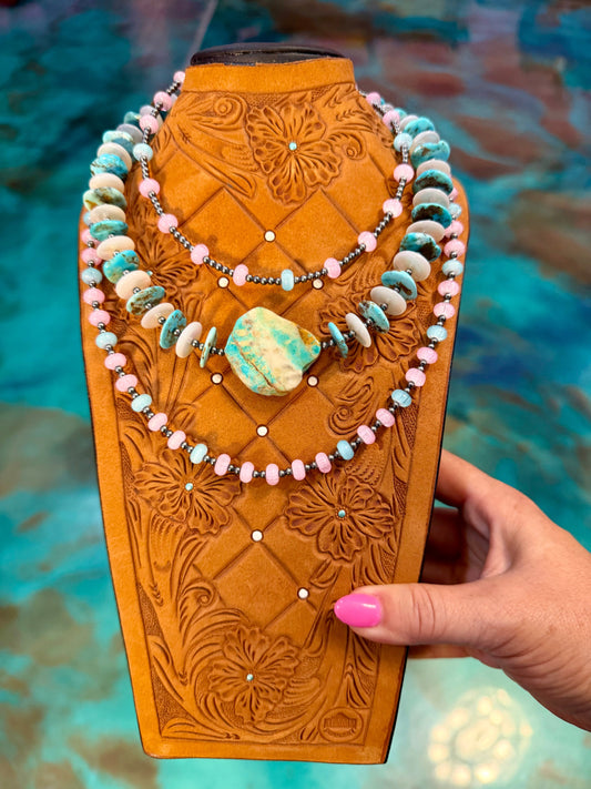 One Time Pieces – Pink & Blue Glass, Turquoise and White Shell Necklaces