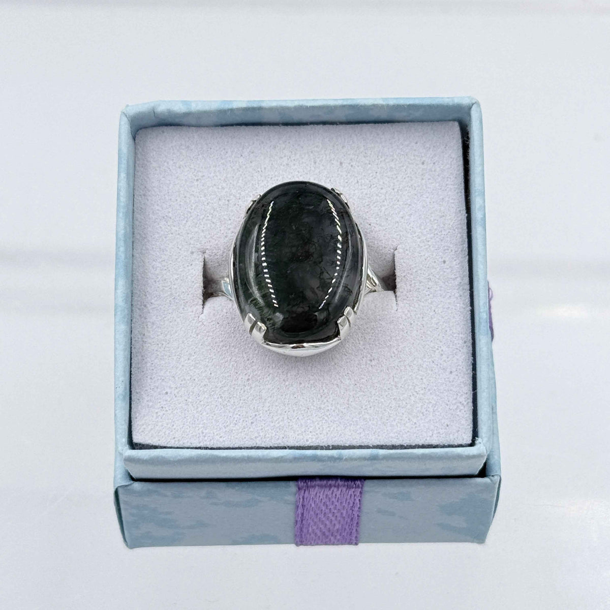 Sterling Silver Cross Banded Oval Moss Agate Ring - Size 10 - Grounding, Nurturing & Growth