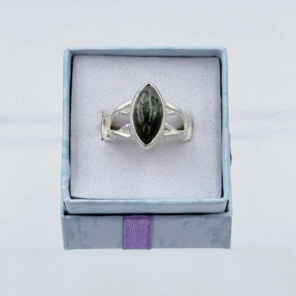 Sterling Silver Knot Banded Marquise Moss Agate Ring - Size 7 - Grounding, Nurturing & Growth