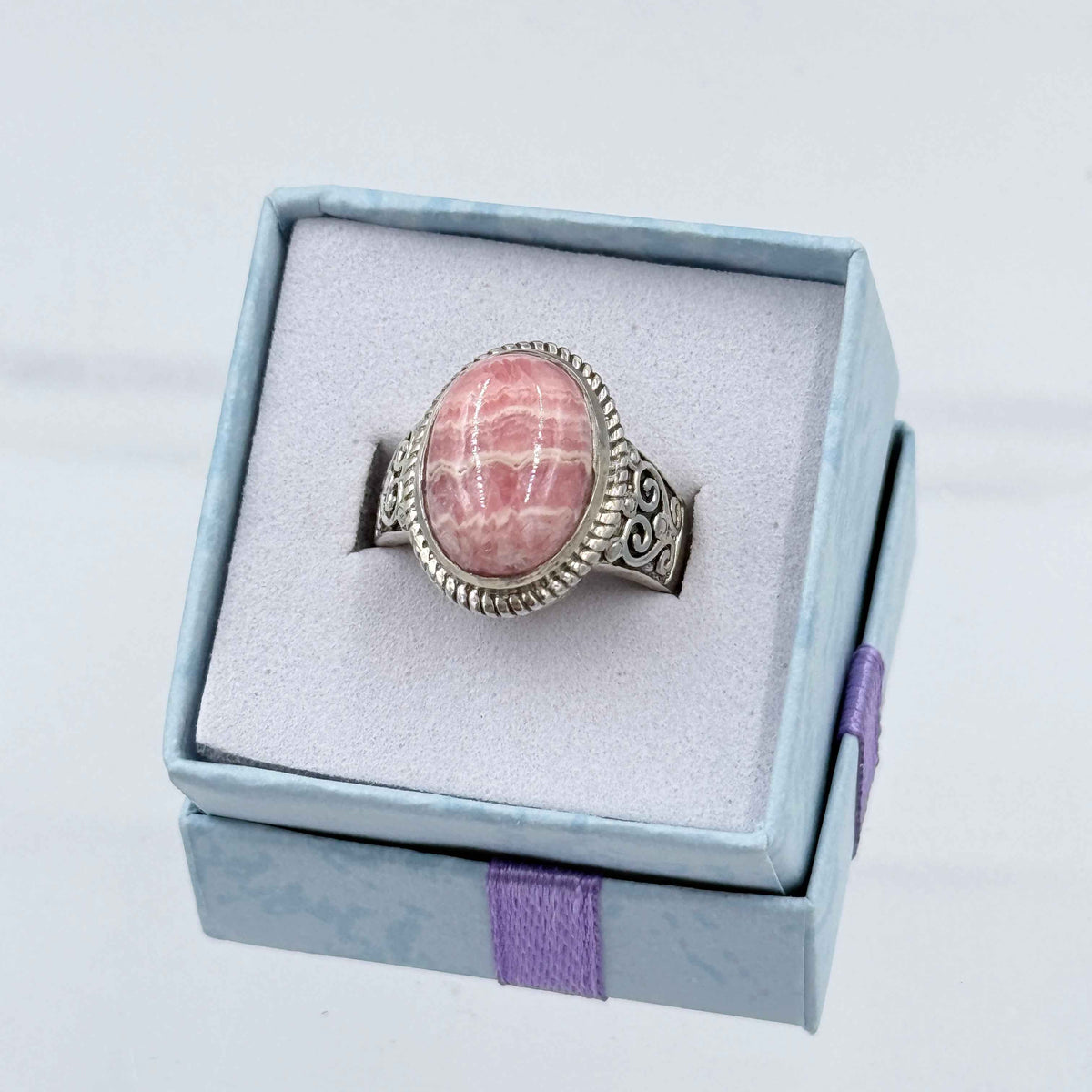 Sterling Silver Filigree Banded Oval Rhodochrosite Ring - Size 6 - Loving, Compassionate & Healing