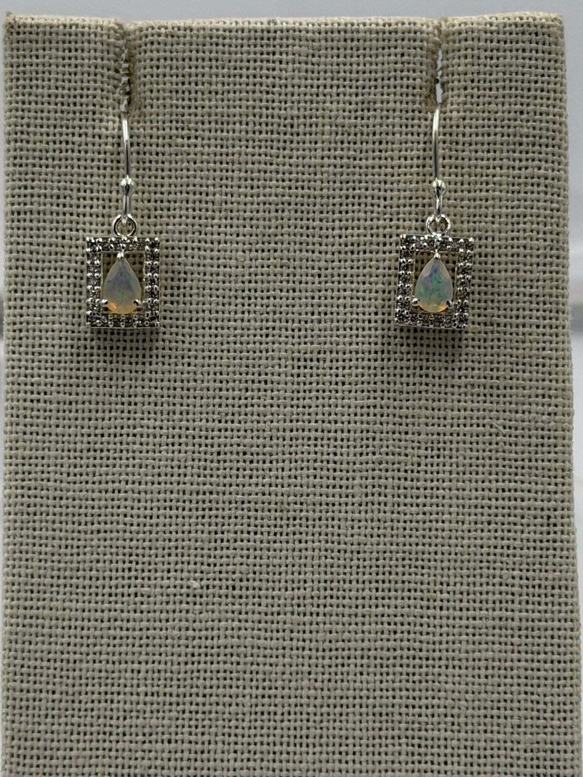 Sterling Silver Sparkled Square with Teardrop Ethiopian Opal Dangle Earrings