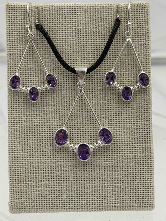 Sterling Silver Open Triple Amethyst Dangle Earrings & Pendant Set