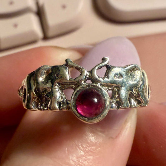 Garnet Elephant Band Ring – Sterling Silver – Sizes 7, 10, 12