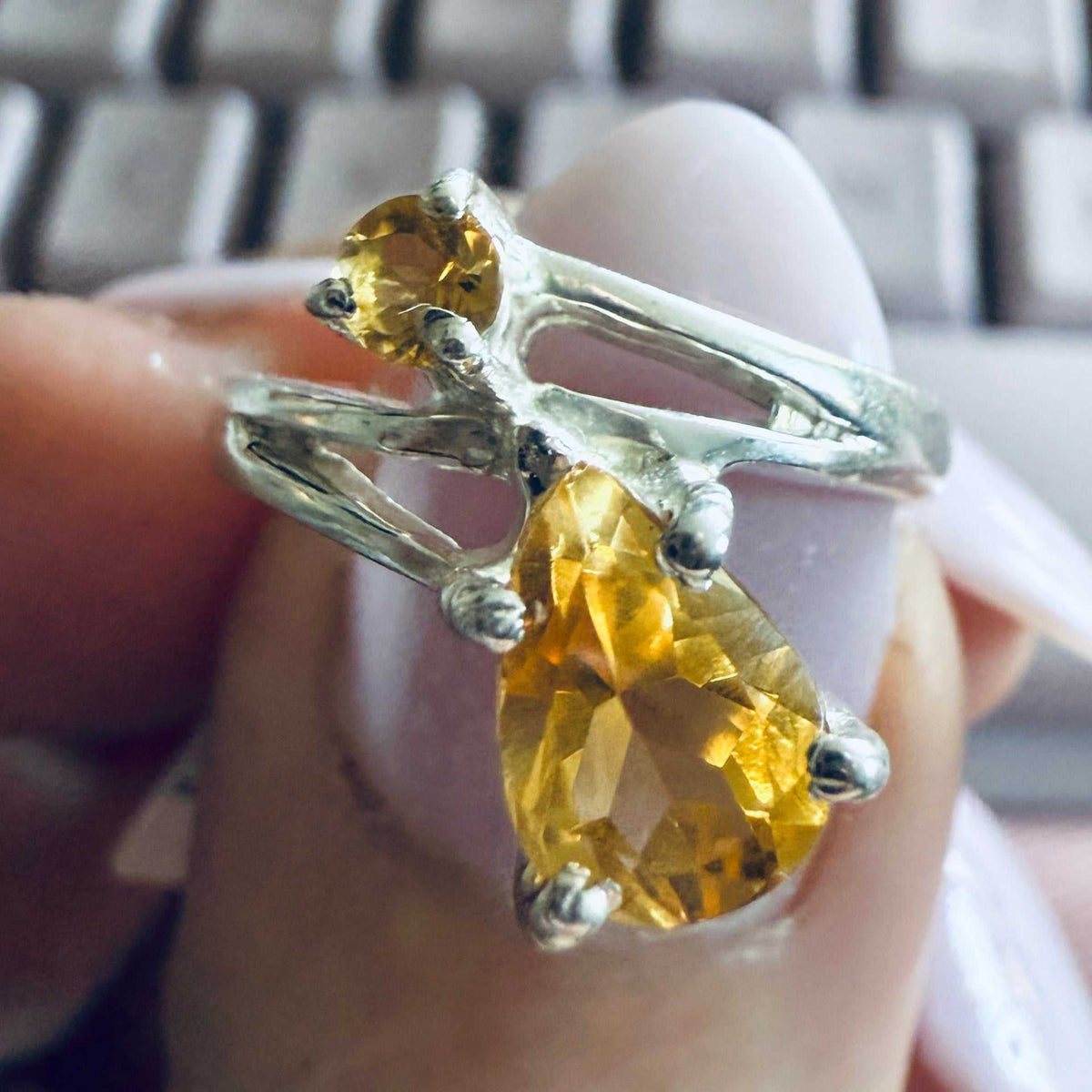 Citrine Dual-Stone Pear Ring – Sterling Silver – Size 5