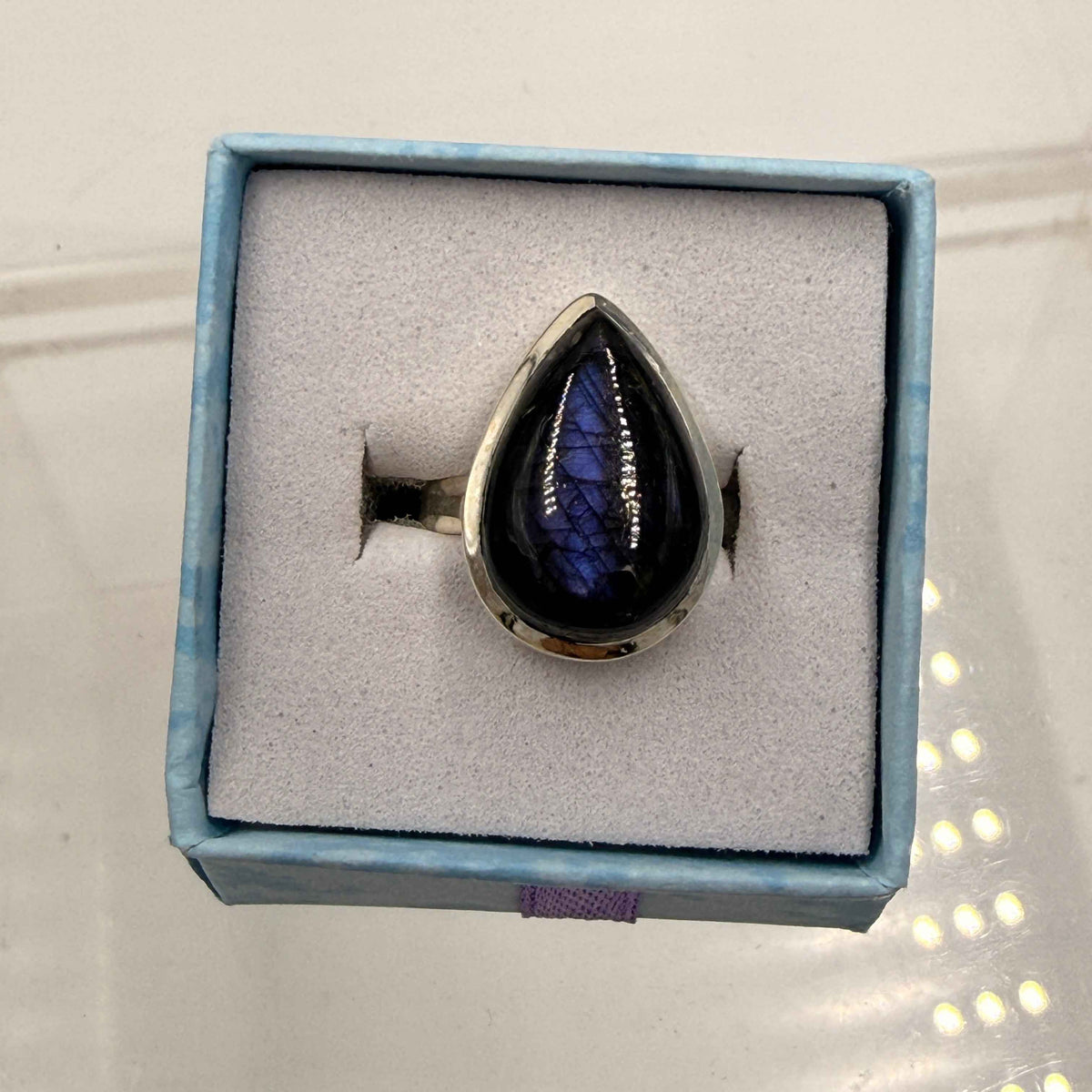 Sterling Silver Teardrop Spectrolite Ring - Size 6 -Intuition, Protection & Illumination