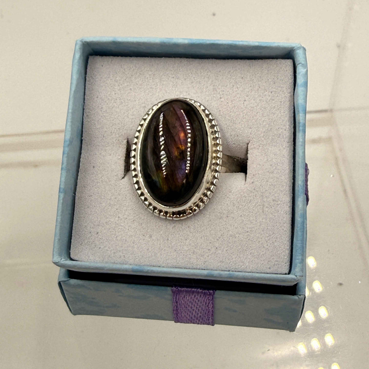 Sterling Silver Bezeled Oval Spectrolite Ring - Size 8 -Intuition, Protection & Illumination