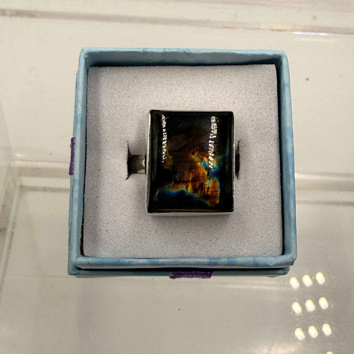 Sterling Silver Square Spectrolite Ring - Size 9 -Intuition, Protection & Illumination