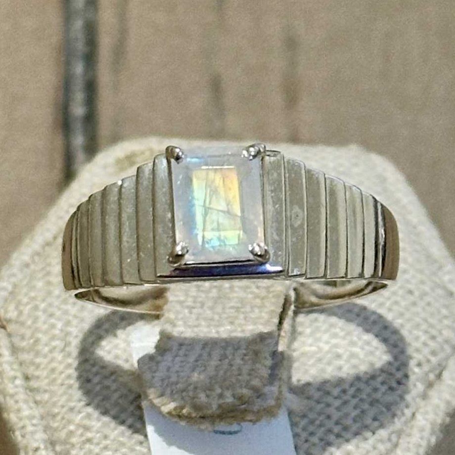 Rainbow Moonstone Baguette-Ridged Band Ring – Sterling Silver – Size 14
