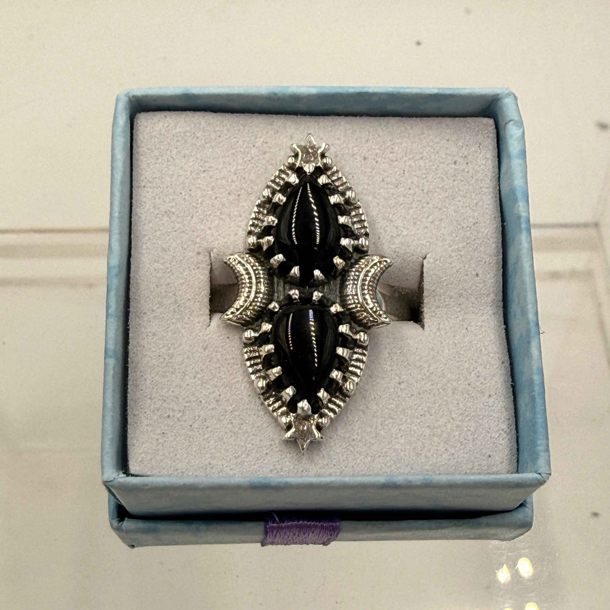 Sterling Silver Double Teardrop Celestial Black Onyx Ring - Size 9 - Protective, Grounding & Stabilizing