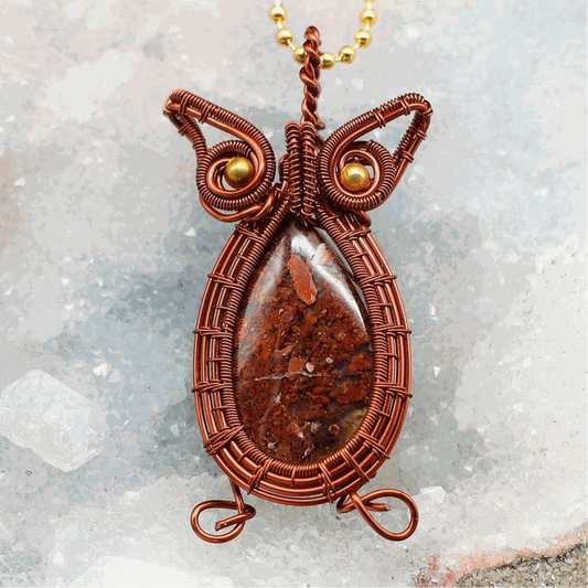 Poppy Jasper Copper Wire Wrapped Owl Pendant Necklace