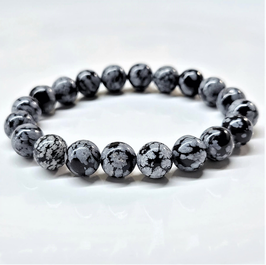 Snowflake Obsidian Round Bead Bracelet - Stone of Purification & Balance
