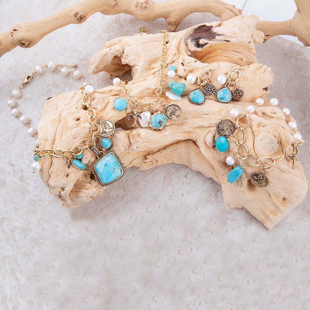 Blue Turquoise and White Pearl Multi Charm Golden Necklace