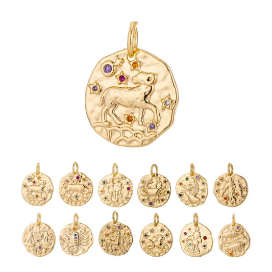 Dainty 18k Gold Filled Charm Coin Medallion Gem Stone Zodiac Sign Charm for Bracelet Necklace Pendant Rustic Hammered Jewelry Making Supply A-A1713-A-A1718 | A-A1779-A-A1784