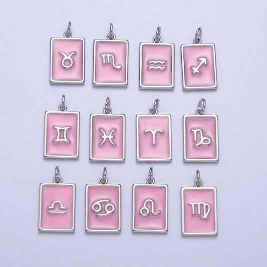 Dainty Silver Pink Enamel Zodiac Charm Mini Tag Astrology Pendant for Bracelet Earring Necklace Y2K Jewelry| A1475-A1480