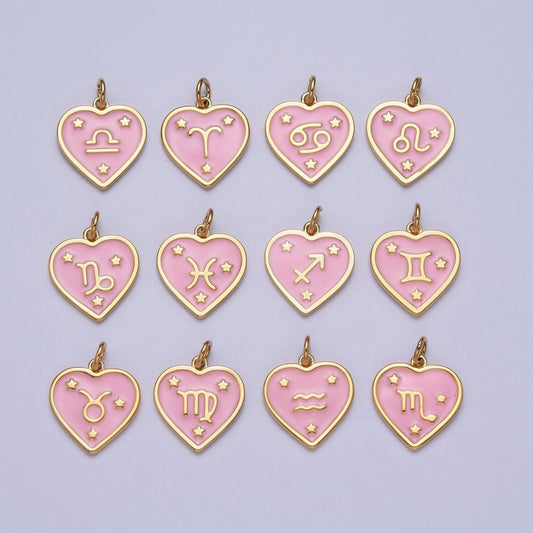 Gold Heart Pink Enamel Zodiac Constellation Charms Astrology Birth Star Sign for Necklace Bracelet Earring Supply | A-A1481-A-A1486