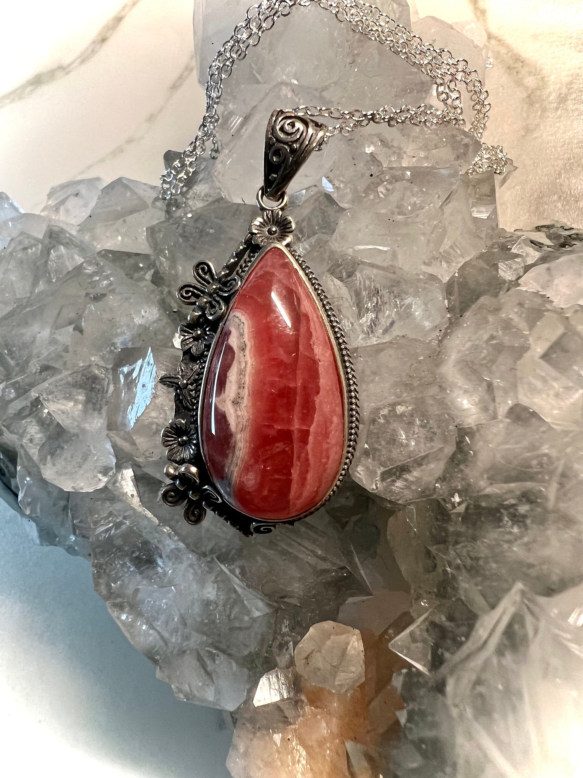 Rhodochrosite Silver Pendant | Handcrafted Gemstone Jewelry for Positive Energy | Statement Jewelry