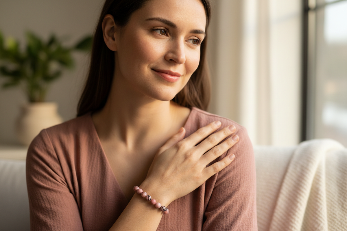 Rhodonite Round Bead Bracelet - Stone of Self Acceptance