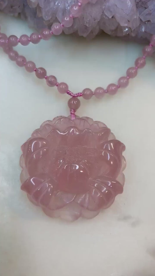 Rose Quartz Hand-Knotted and Hand Carved Peony Beaded Necklace - Radiate Love and Compassion