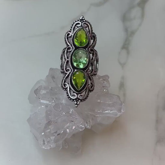 Faceted Peridot Witchy Aesthetic 925 Silver Filagree Ring