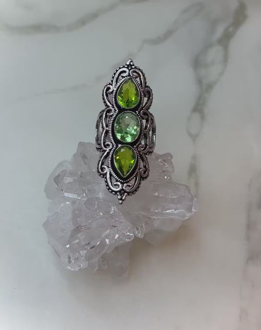 Faceted Peridot Witchy Aesthetic 925 Silver Filagree Ring