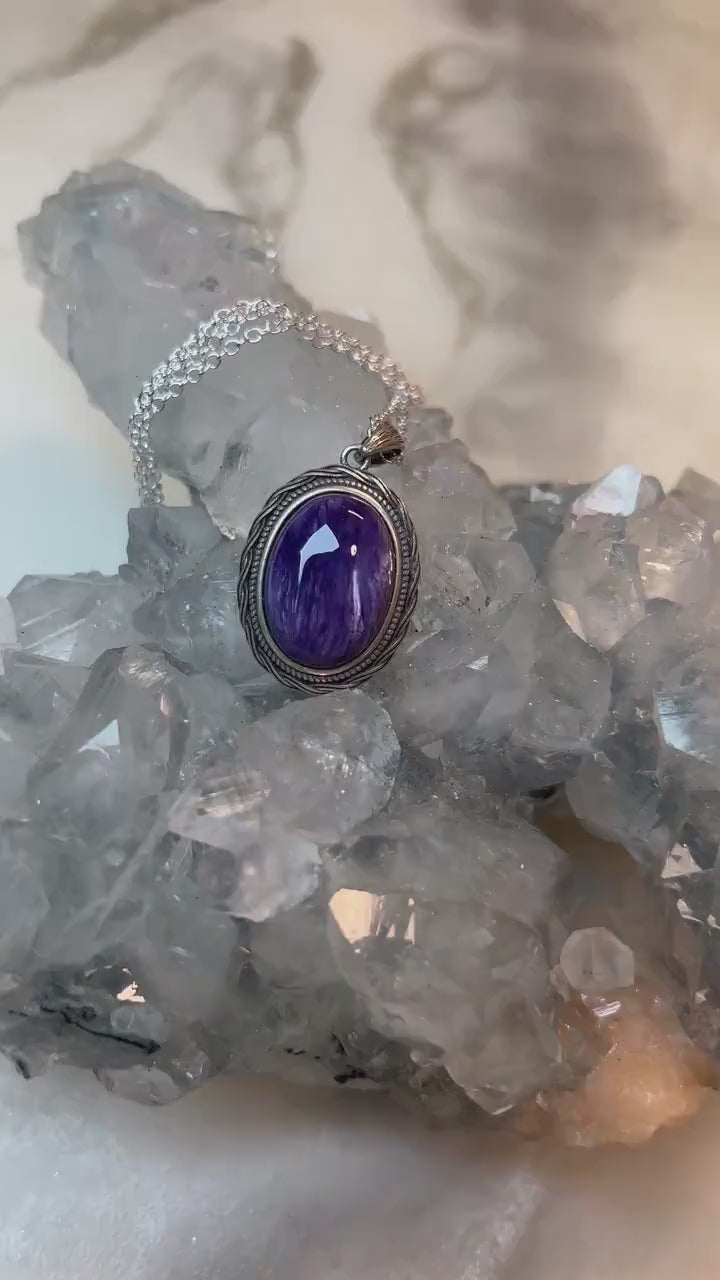 Mesmerizing 925 Silver Russian Charoite Pendant - Embracing Spiritual Transformation and Serenity